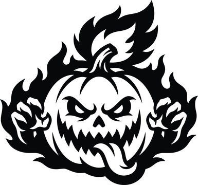 Fiery evil pumpkin mascot silhouette with sharp claws and wicked grin design element