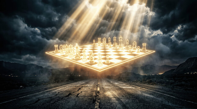 A chessboard is suspended above an empty road