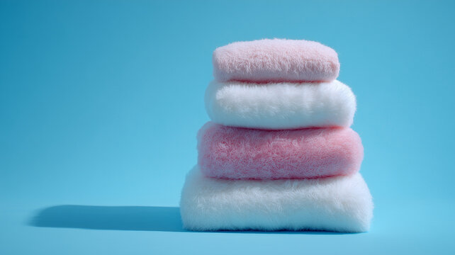 A simple still life shot shows a stack of four fluffy, pillow like forms against a solid light blue backdrop. the top two are distinct. Ai generated