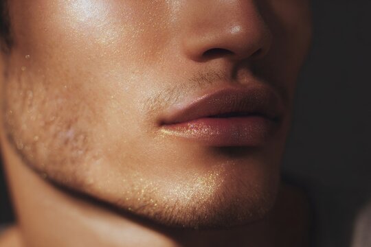 Close crop male lips philtrum and lower face with subtle gold shimmer for beauty edit and cosmetic advertising use