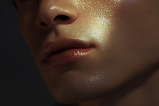 Close crop male lips and philtrum with golden luminous shimmer for beauty banner and cosmetic detail background