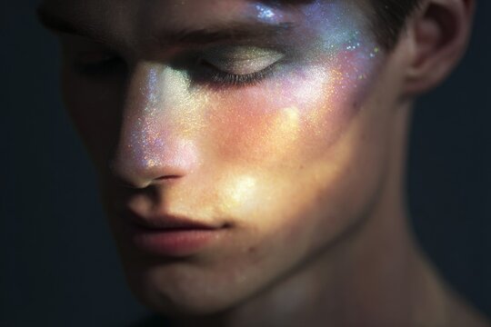 Holographic shimmer male portrait with iridescent glitter on skin for high fashion editorial background and beauty banner design