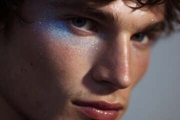 Fototapeta premium Close up male portrait with sky blue glitter highlight on nose and glowing cheek for beauty editorial and makeup background