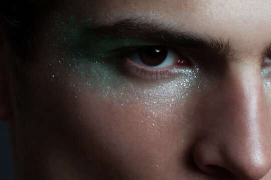 Closeup male eye and upper cheekbone with green glitter makeup for editorial beauty background and cosmetic detail for magazine and advertising use