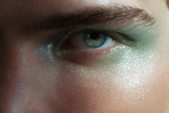 Closeup male eye with turquoise shimmer and pearlescent makeup on upper cheekbone for editorial beauty detail and cosmetic advertising background