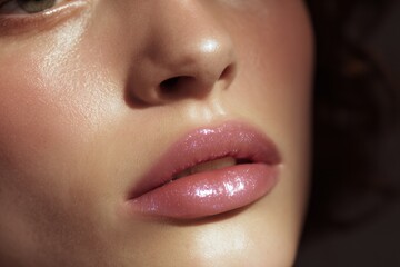 Fototapeta premium Closeup glossy iridescent model lips with luminous wet shine for beauty banner design and cosmetic advertising background for skincare and lip gloss campaigns
