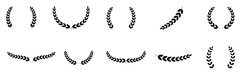 Set of decorative laurel wreaths showing minimalist prize frames champion leaves and glory heraldry elements © Gill