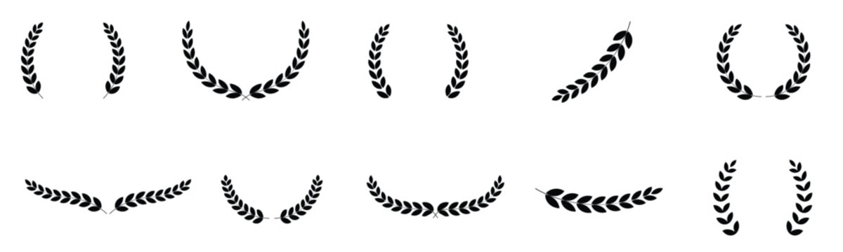 Set of decorative laurel wreaths showing minimalist prize frames champion leaves and glory heraldry elements