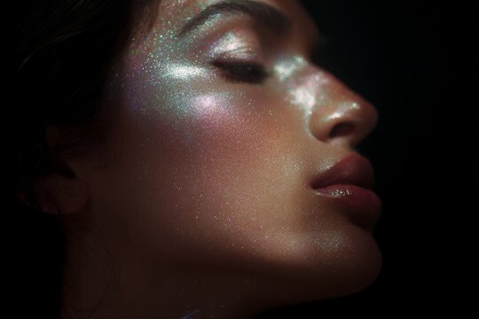 Fashion closeup profile with glowy iridescent makeup on jawline and glitter highlight for editorial beauty and makeup design