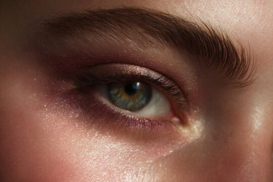 Close-up eyebrow and upper eyelid macro with pink shimmer eyeshadow for makeup detail and cosmetic advertising design