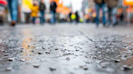 Fototapeta premium Wet city pavement with scattered rock salt, blurred pedestrians walking in urban street, winter season