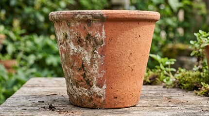 Naklejka premium Single mossy terracotta flower pot empty on wooden surface with garden foliage blurred in background outdoors
