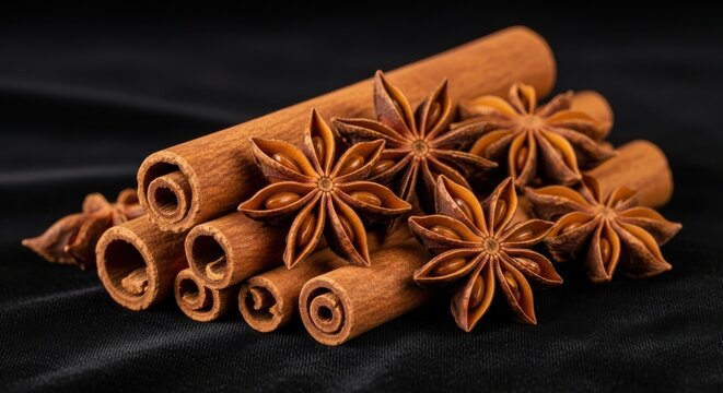 Cinnamon sticks, star anise spice, aromatic baking ingredients, brown fragrant seasonings