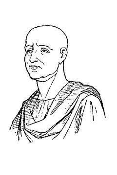 Scipio Africanus (Publius Cornelius Scipio Africanus), bald ancient general in draped clothing, contemplative expression, old vintage illustration, 1897.