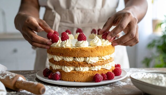 Baker's hands artfully arrange fresh raspberries on a naked layered cake with cream frosting, creating a delightful dessert.