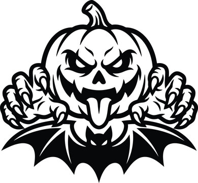 Spooky halloween pumpkin silhouette mascot design with claws and bat wings graphic art