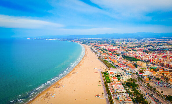 Valencia city beach aerial panoramic view, Spain