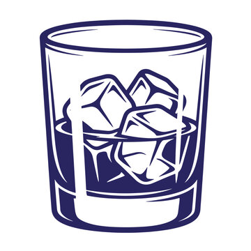 Old fashioned glass with ice cubes and liquid simple vector illustration line art beverage cocktail refreshing drinkware minimalist illustration isolated
