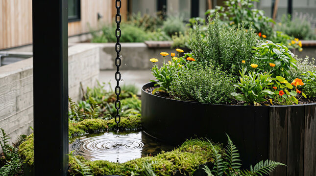 Concentric water ripples being manipulated by a vertical metal link chain falling into a mossy stone catchment within a sustainable courtyard.