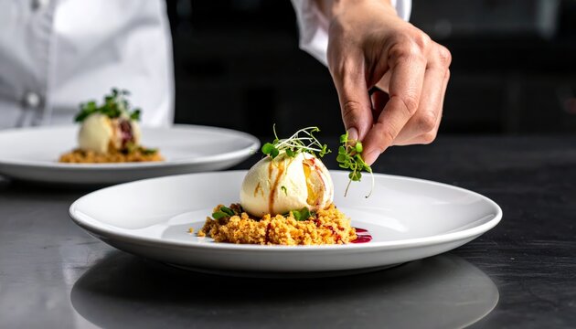 Chef meticulously garnishing a deconstructed dessert with microgreens, showcasing culinary artistry