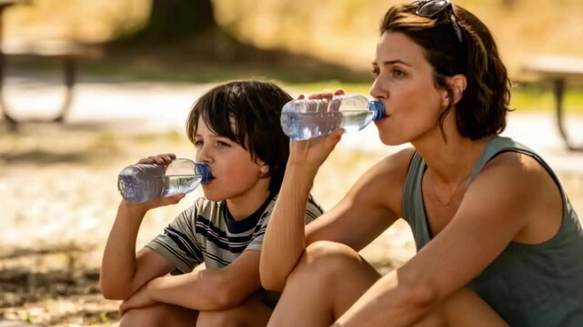 Feeling warm, sipping mom and son hydrating in park, wearing tank, striped tee, water bottles