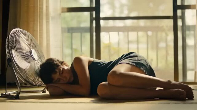 Lying male wearing dark tank and shorts, shifting slightly on floor at home, cooling by fan