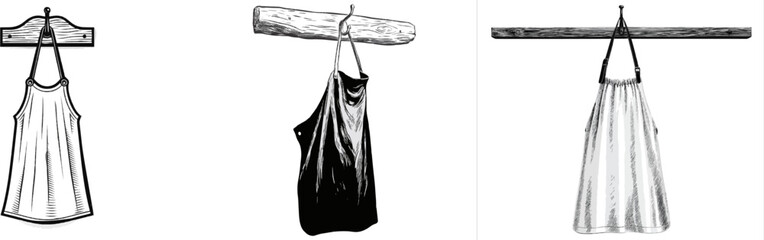 Naklejka premium A fine wood engraving of a vintage leather apron hangs on a rustic workshop wall hook, showcasing premium craft tool brand aesthetics with clean black lines and crisp high-contrast borders against a