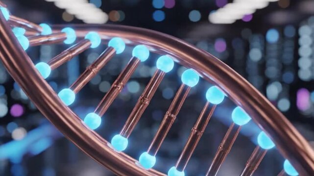 3d rendering of a dna double helix structure with glowing blue nodes