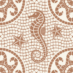 Seamless terracotta seahorse mosaic pattern with starfish and marine ornaments for ceramic tiles, wallpaper, textiles, packaging and coastal decor. Vector. © Olga