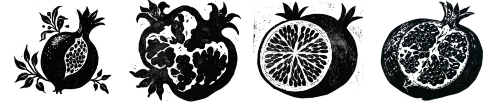 A bold linocut artwork of an organic pomegranate bursting open to reveal seeds, featuring heavy ink textures and expressive hand-cut details, solid black shape on a pure white background with sharp