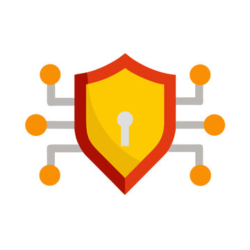 Cybersecurity shield icon with keyhole, network data protection and digital privacy concept illustration

