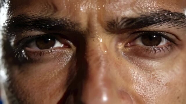 Tracking man's face in studio while sweat droplet sliding down brow gravity pulling showing skin