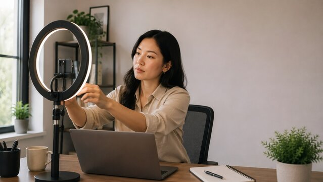 Woman recording video with smartphone on ring light in home office setup