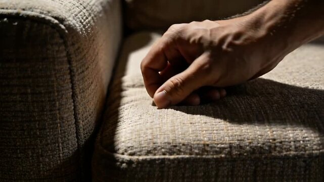 Pressing bare right hand into sofa cushion seam at home, thumb sliding along textured fabric