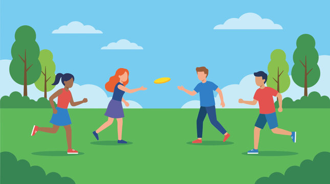 Teenagers playing frisbee on green grass park