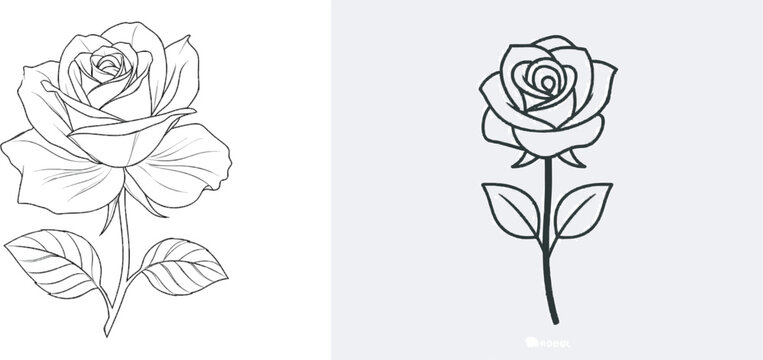 This minimalist botanical drawing features a single rose in a clean black line art style with crisp sharp lines against a stark white background