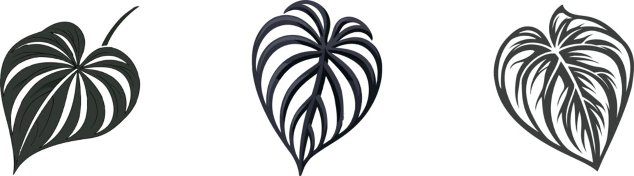 A bold graphic silhouette of a Watermelon Peperomia leaf shape botanical emblem in solid black ink against a pure white background, vectorized for high contrast and clean sharp contours