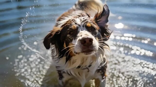 Shaking to shed water, tricolor herding dog whipping coat in shallow pond, sending ripples, collar