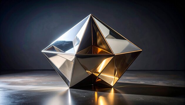 A stunning metallic geometric sculpture with sharp facets reflecting light against a dark background for modern minimalist interior design.