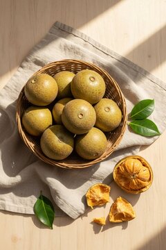 Fresh wood apple fruits in a wicker basket with a cracked open fruit showing pulp, minimalist flat lay.
