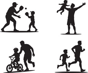 Obraz premium Black silhouette icons of fathers and children playing sports, running, and cycling, 4 vector graphics