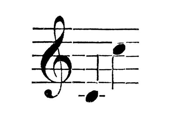 Treble clef with musical notes on staff, black notation on white background, old vintage illustration, 1897.