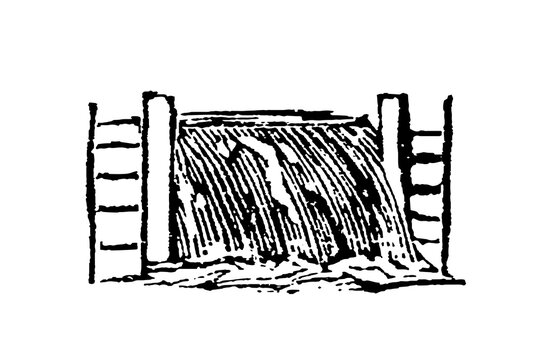 Spillway, water falling between two vertical ladder-like retaining walls, detailed parallel lines and hatching for falling water and structural woodwork, old vintage illustration, 1897