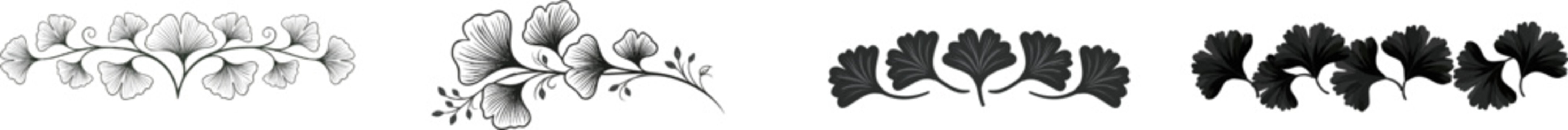 A Renaissance-inspired ornamental plant border featuring elegant ginkgo leaf symmetry in a vintage woodblock print pattern with high-contrast solid black ink fill against a clean white background