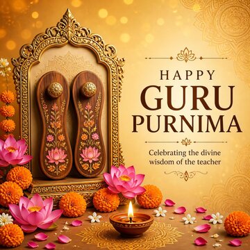 Happy Guru Purnima Greeting Card with Traditional Floral Embroidered Paduka Slippers, Diya Lamp, and Golden Mandala Frame &ndash; Indian Spiritual Festival ...