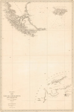 Antique map of Cape Horn and Patagonia coastline. Argentina Chile