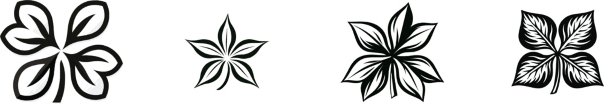 A bold, black silhouette of a four-leaf clover with an alternative pattern is presented against a pure white background in a vector sticker style, featuring clean sharp contours and high contrast