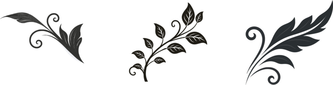 A minimalist modern botanical silhouette featuring Baroque scrolling leaf frame border corner with heavy vine plant ornamentation in solid black color fill against a clean white background, perfect