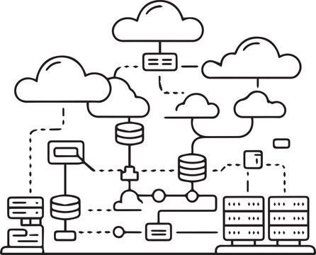 Digital vector illustration showing a complex cloud computing network architecture with connected server nodes and data storage systems in outline