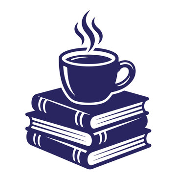 Steaming coffee cup on stack of books vector illustration for study and reading with hot drink education learning steaming beverage knowledge bookstore monochrome